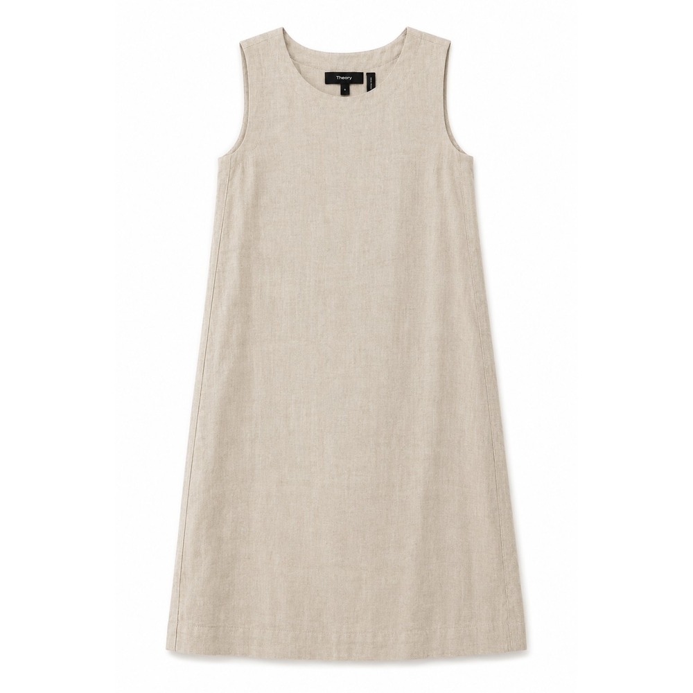 Theory Linen Blend Shift Dress Womens 0 Beige Sleeveless Sheath Quiet Luxury